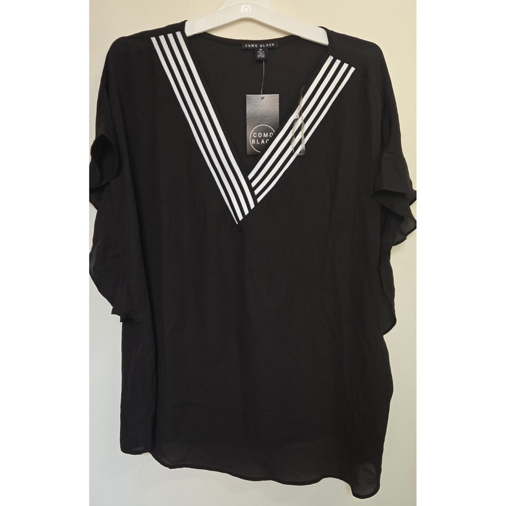 Como Black Womens 2X Black Striped V-Neck Flutter Sleeve Blouse Z2U088WSTK NWT